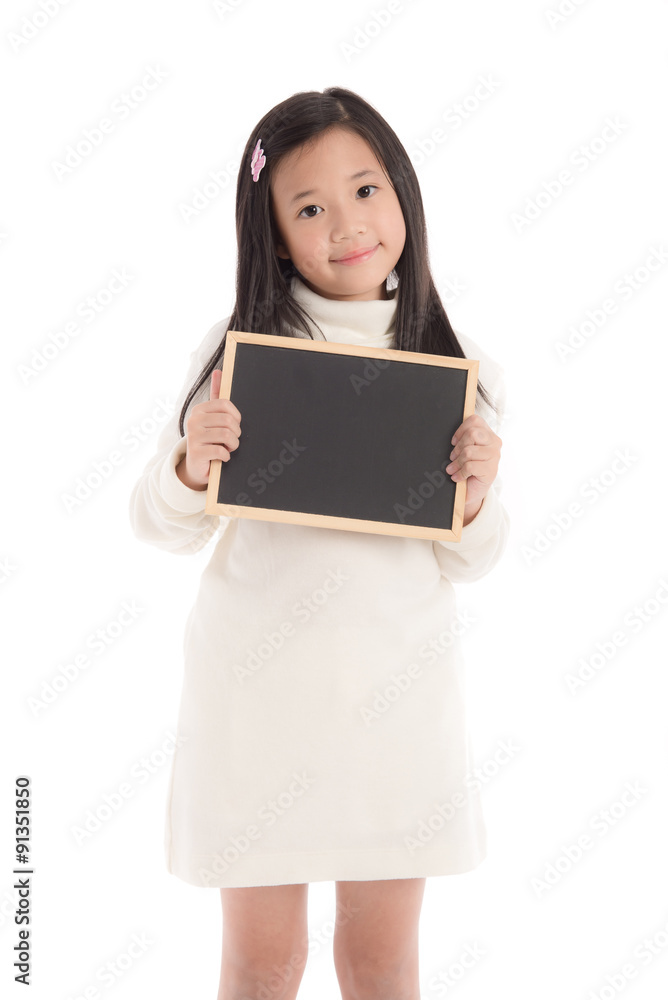 Cute asian girl in white turtleneck dress holding blackboard Cute asian girl in white turtleneck dress holding blackboard
