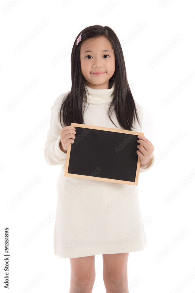 Cute asian girl in white turtleneck dress holding blackboard Cute asian girl in white turtleneck dress holding blackboard