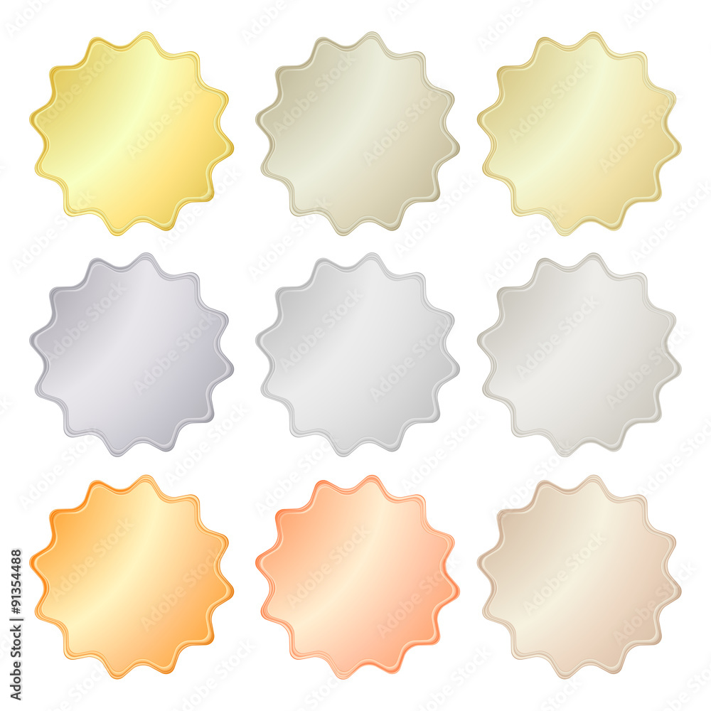 Blank glossy vector stickers in gold, red gold, platinum, silver, bronze, copper, aluminum. Which can be used as a coin, labels, buttons Blank glossy vector stickers in gold, red gold, platinum, silver, bronze, copper, aluminum. Which can be used as a coin, labels, buttons
