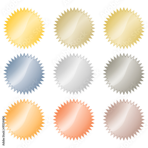 Blank glossy vector stickers in gold, red gold, platinum, silver, bronze, copper, aluminum. Which can be used as a coin, labels, buttons