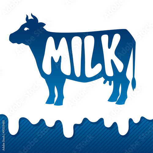 Cow silhouette emblem design on drips of milk background