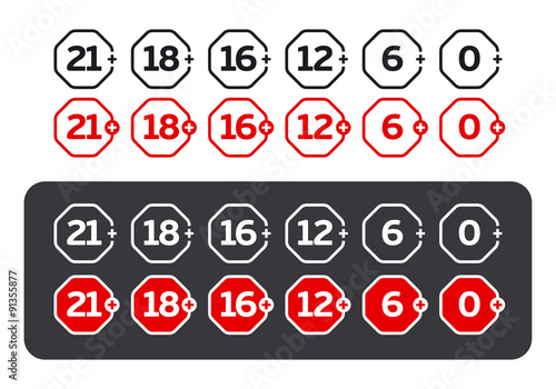 Age restrictions signs. Age limitation (18+; 16+; 12+ etc.).