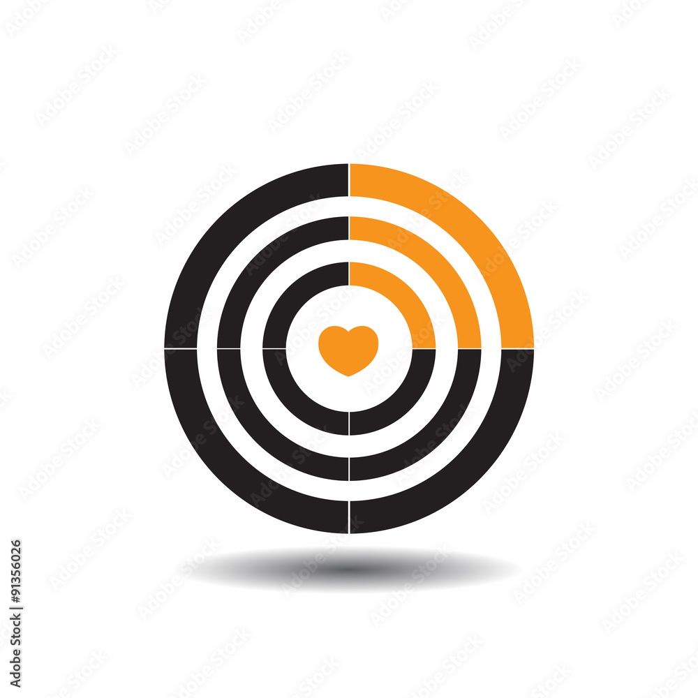 Vector target with a heart in the middle, the fourth part of a black circle painted in orange sign depicting rssv Vector target with a heart in the middle, the fourth part of a black circle painted in orange sign depicting rssv