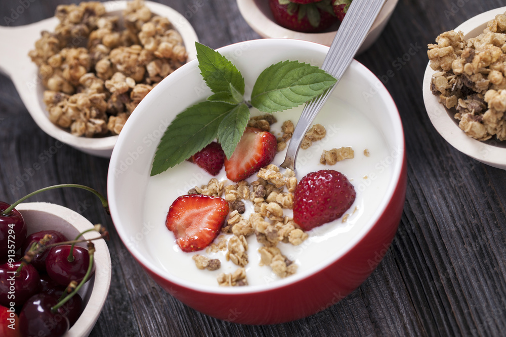 Excellent breakfast. Breakfast cereal with yoghurt and strawberr Excellent breakfast. Breakfast cereal with yoghurt and strawberr