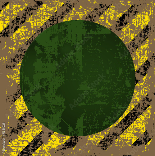 vector old worn, tattered, scratch the square of yellow black stripes with a green circle in the middle