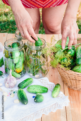 Pickling cucumbers with home garden vegetables and herbs
