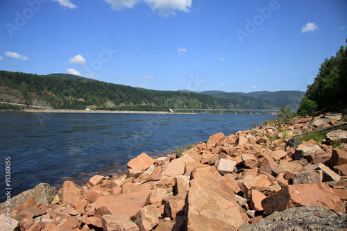 Granite stones on Yenisei River bank near Divnogorsk, Russia photo