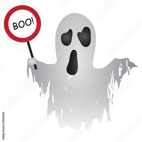 Ghost / Ghost with sign in hand, on which was written: Boo!