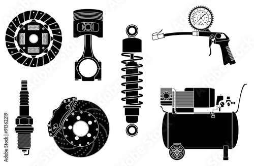 Spark Plug, Spray gun, Manometer, Shock Absorber, Brake disc, Car wheel, Piston. Auto service set. 