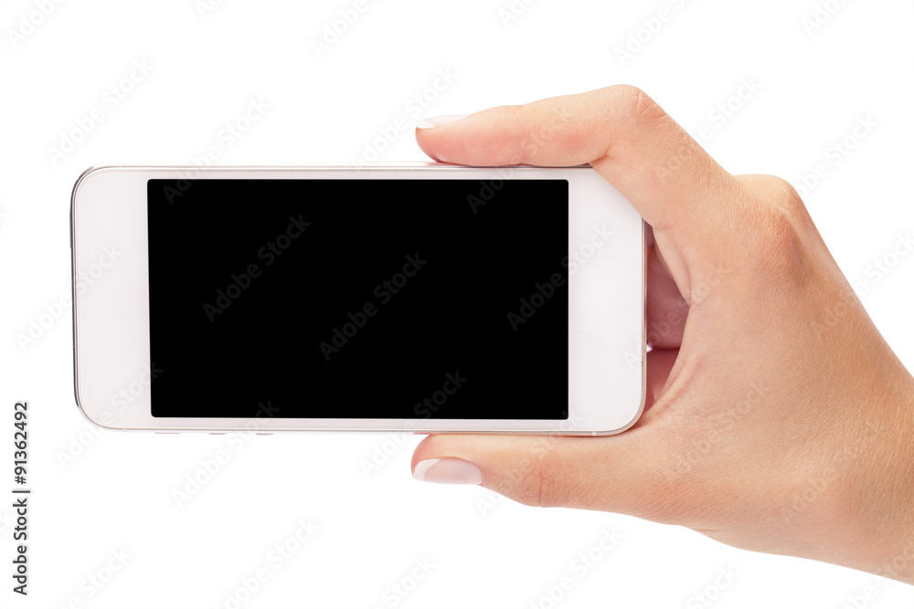 Hand holding White Smartphone with blank screen on white backgro Hand holding White Smartphone with blank screen on white backgro