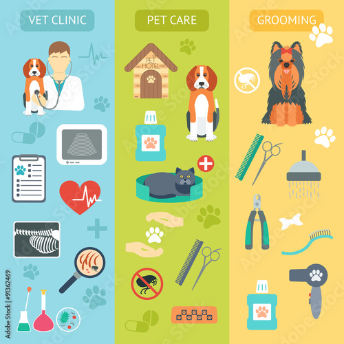 Set of vertical banners. Pet care. Vet clinic. Grooming. Flat design. Vector