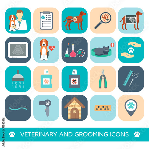 Set of veterinary and grooming icons. Flat design. Vector