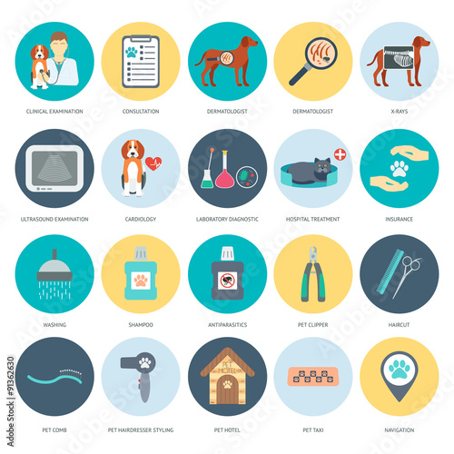 Set of veterinary and grooming icons with names. Colorful flat design. Vector