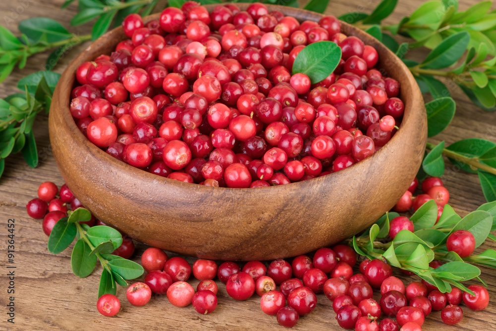 Cowberry Lingonberry in wooden bowl, closeup Cowberry Lingonberry in wooden bowl, closeup