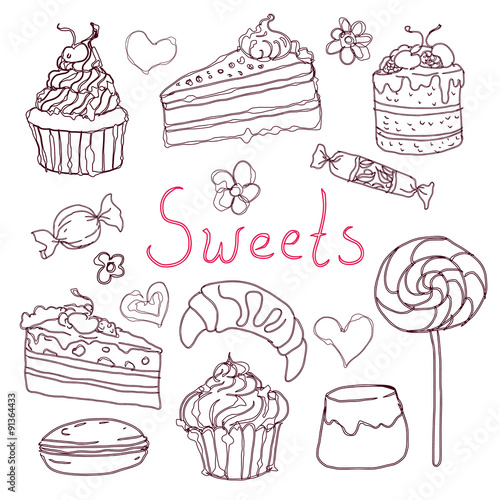 Set of various doodles, hand drawn sweets and candies sketches. 