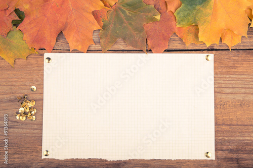 Autumn frame with maple leaves gold pin and paper.Vintage toning
