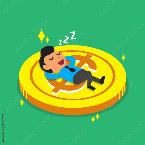 Cartoon businessman falling asleep on a big coin for design.