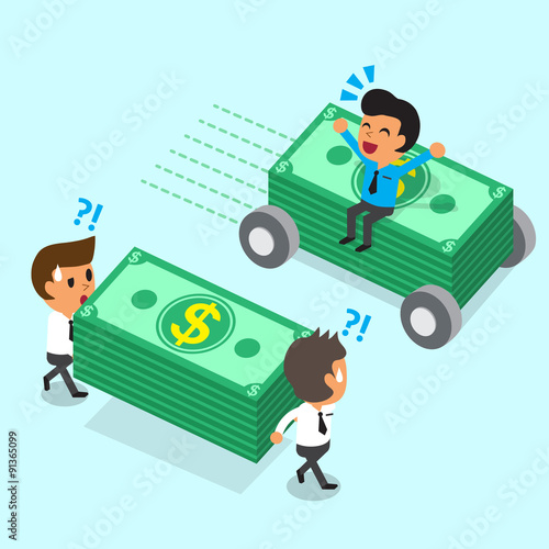 Cartoon businessman sitting on money stack with wheels move faster than business team for design.