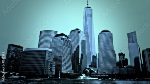 Manhattan skyline. South west of Manhattan seen from Hudson river. Freedom tower.