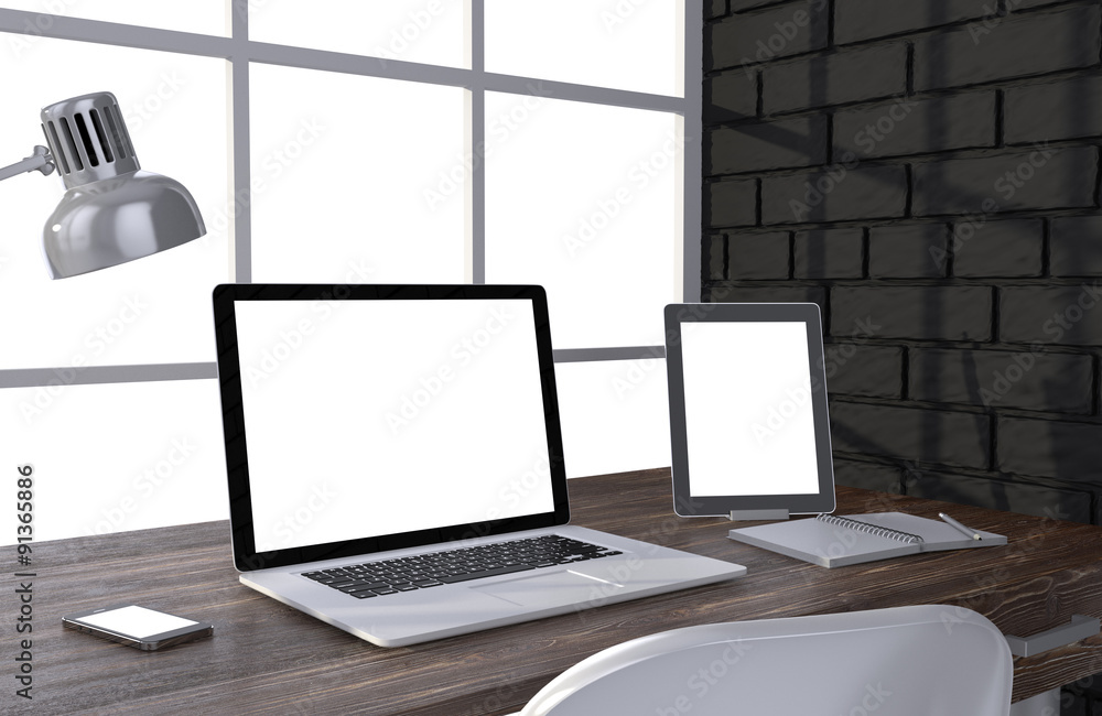 3D illustration laptopand work stuff on table near brick wall 3D illustration laptopand work stuff on table near brick wall