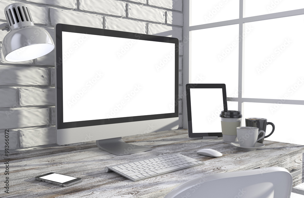 Fototapeta premium 3D illustration PC screen on table in office, Workspace