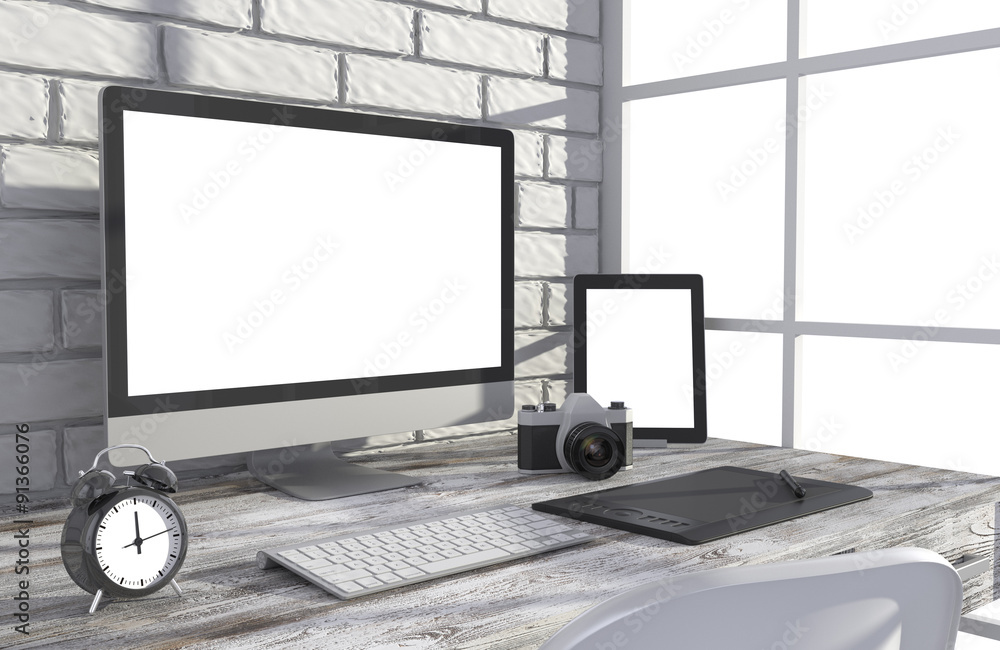 Fototapeta premium 3D illustration PC screen on table in office, Workspace