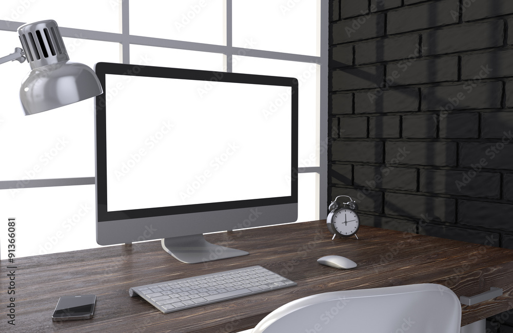 Fototapeta premium 3D illustration PC screen on table in office, Workspace