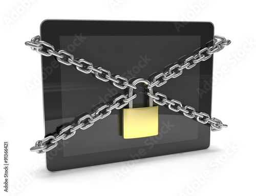 tablet PC with chains and lock isolated on white background © Natalia Merzlyakova