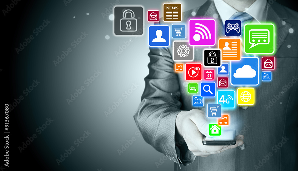 Business man using smart phone with social media icon set Business man using smart phone with social media icon set