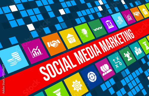 Social media marketing concept image with business icons and copyspace.