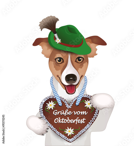 Oktoberfest Dog with hat and gingerbread heart,  
vector illustration isolated on white background
