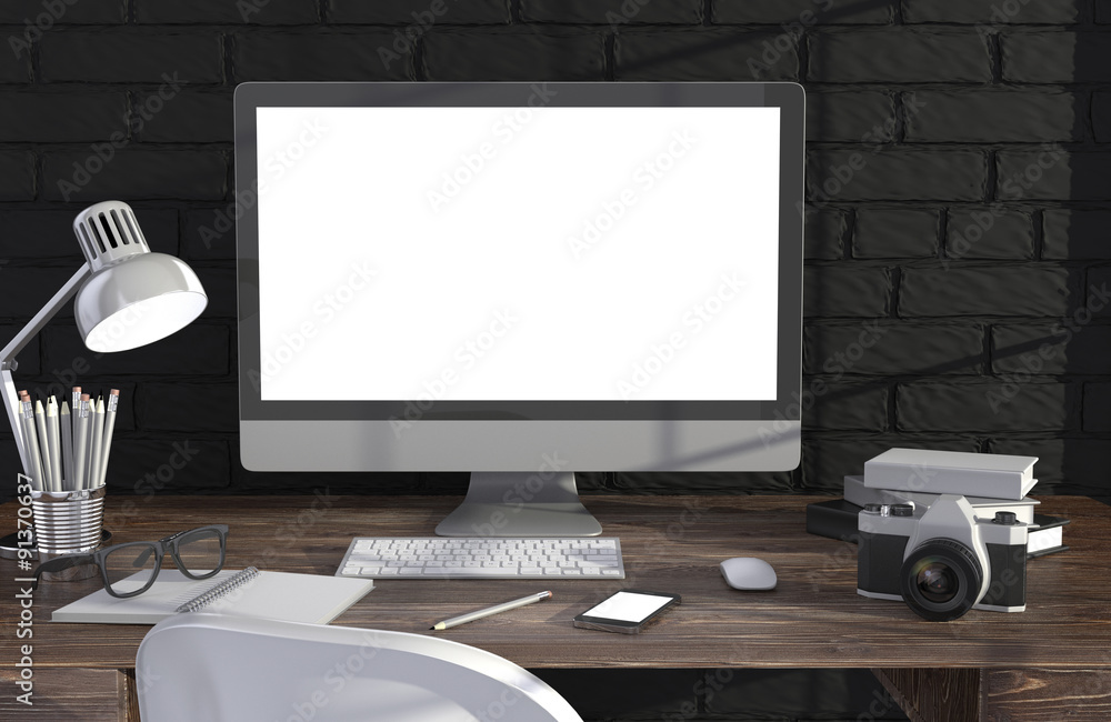 Fototapeta premium 3D illustration PC screen on table in office, Workspace