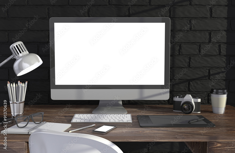 3D illustration PC screen on table in office, Workspace 3D illustration PC screen on table in office, Workspace