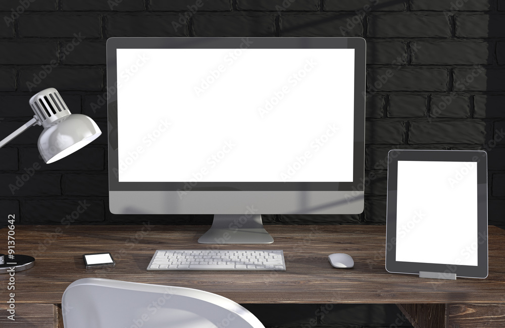 Fototapeta premium 3D illustration PC screen on table in office, Workspace