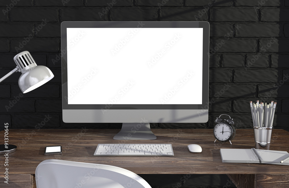 Fototapeta premium 3D illustration PC screen on table in office, Workspace