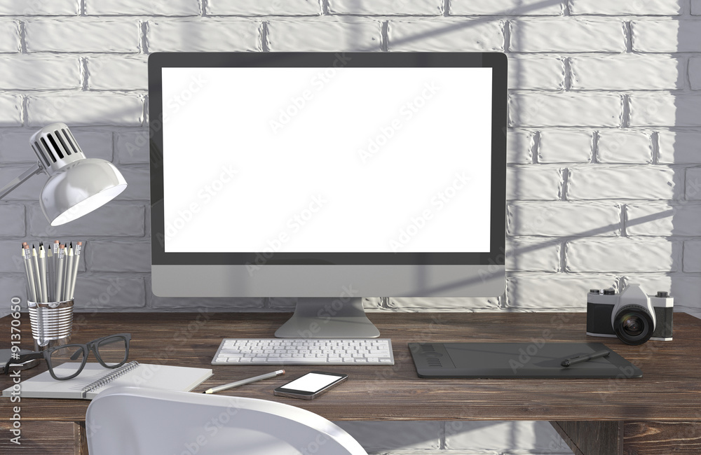 3D illustration PC screen on table in office, Workspace 3D illustration PC screen on table in office, Workspace