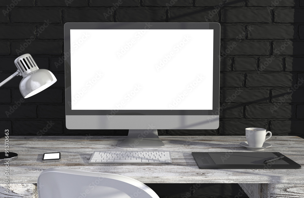 Fototapeta premium 3D illustration PC screen on table in office, Workspace