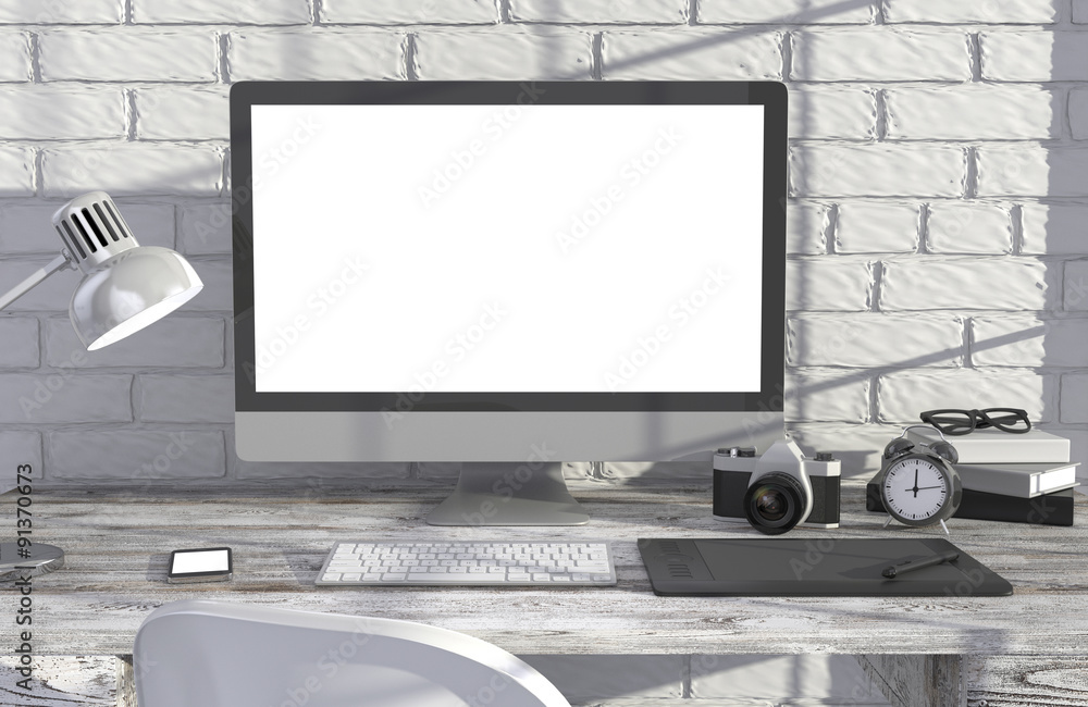 Fototapeta premium 3D illustration PC screen on table in office, Workspace