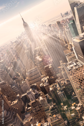 Photography New York City Manhattan skyline in sunset.