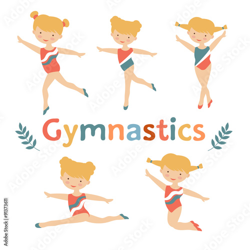 Adorable little gymnast girls characters set