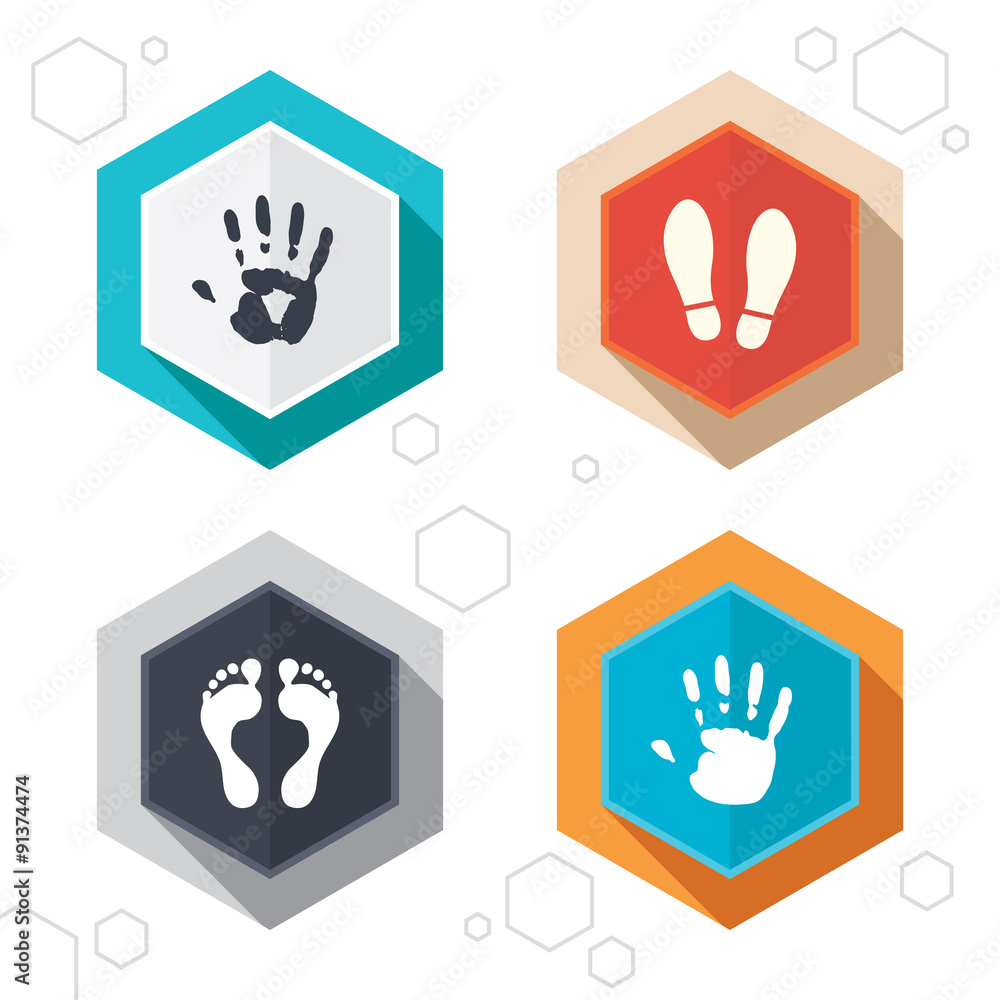 Hand and foot print icons. Imprint shoes symbol. Hand and foot print icons. Imprint shoes symbol.