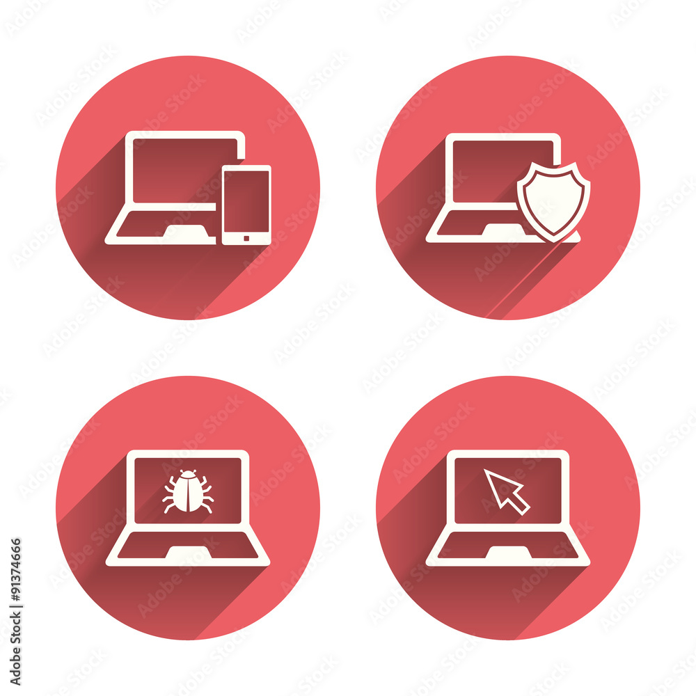 Notebook laptop pc icons. Virus or software bug. Notebook laptop pc icons. Virus or software bug.