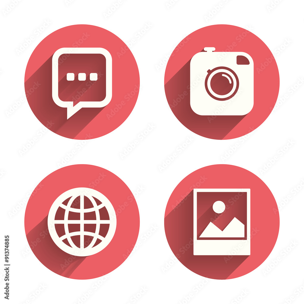 Social media icons. Chat speech bubble and Globe Social media icons. Chat speech bubble and Globe