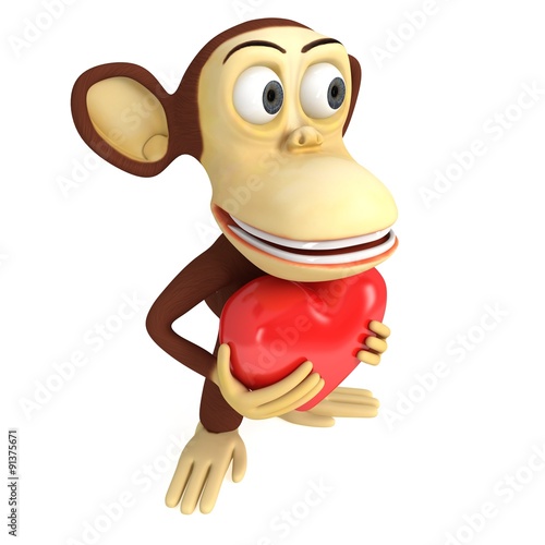 3d funny monkey with red heart