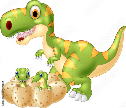 Fototapeta Naklejka Na Ścianę i Meble -  Happy mother dinosaur with baby dinosaur hatching