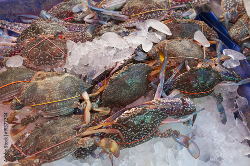 Flower crab is covered with ice at the market