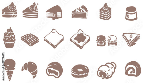Doodle dessert sweet icon cake cupcake pie donuts crepe roll waffle pudding macaroon ice cream crepe croissant bread by vector
