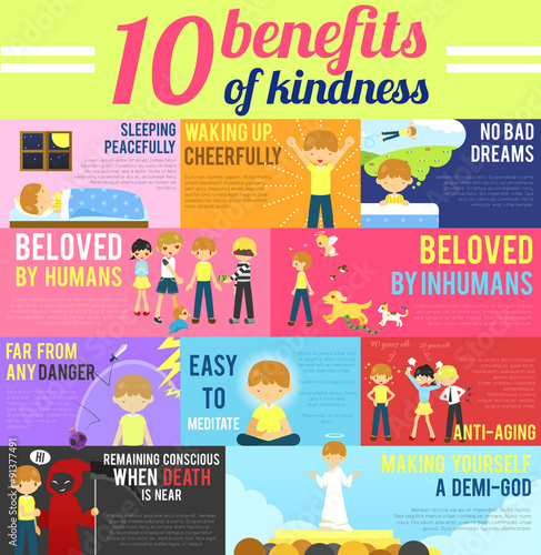10 benefits advantage of love and kindness in cartoon infographic banner template layout vector
