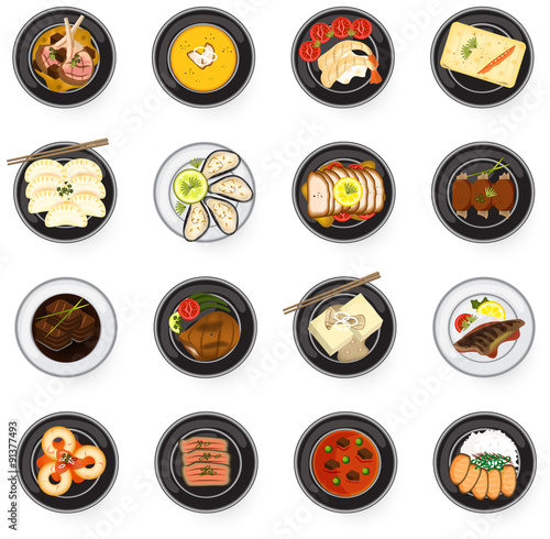 Asian to Western gourmet food as main dish icon lamb chop fish steak stew soup prawn salmon sashimi sushi gyoza dumpling tofu and oyster in restaurant vector 