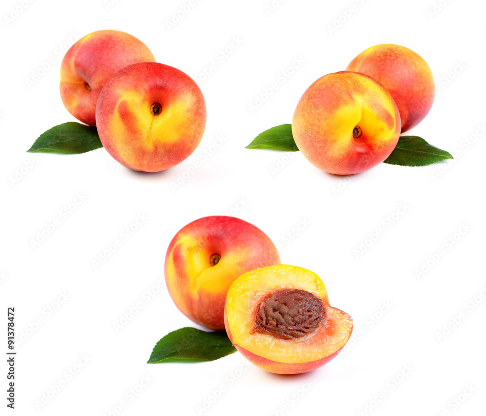 Set of Fresh Peach Fruits with Green Leaf Isolated on White Back Set of Fresh Peach Fruits with Green Leaf Isolated on White Back